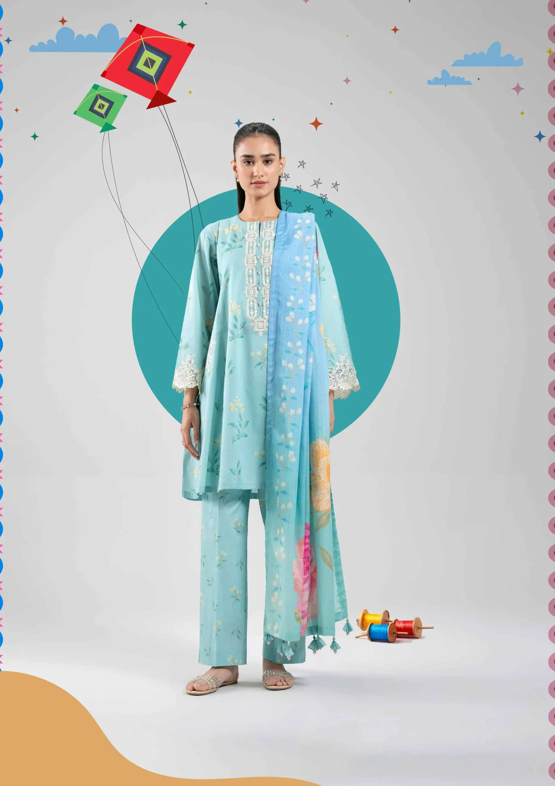 3 Piece - Digital Printed Embroidered Suit - 42601201