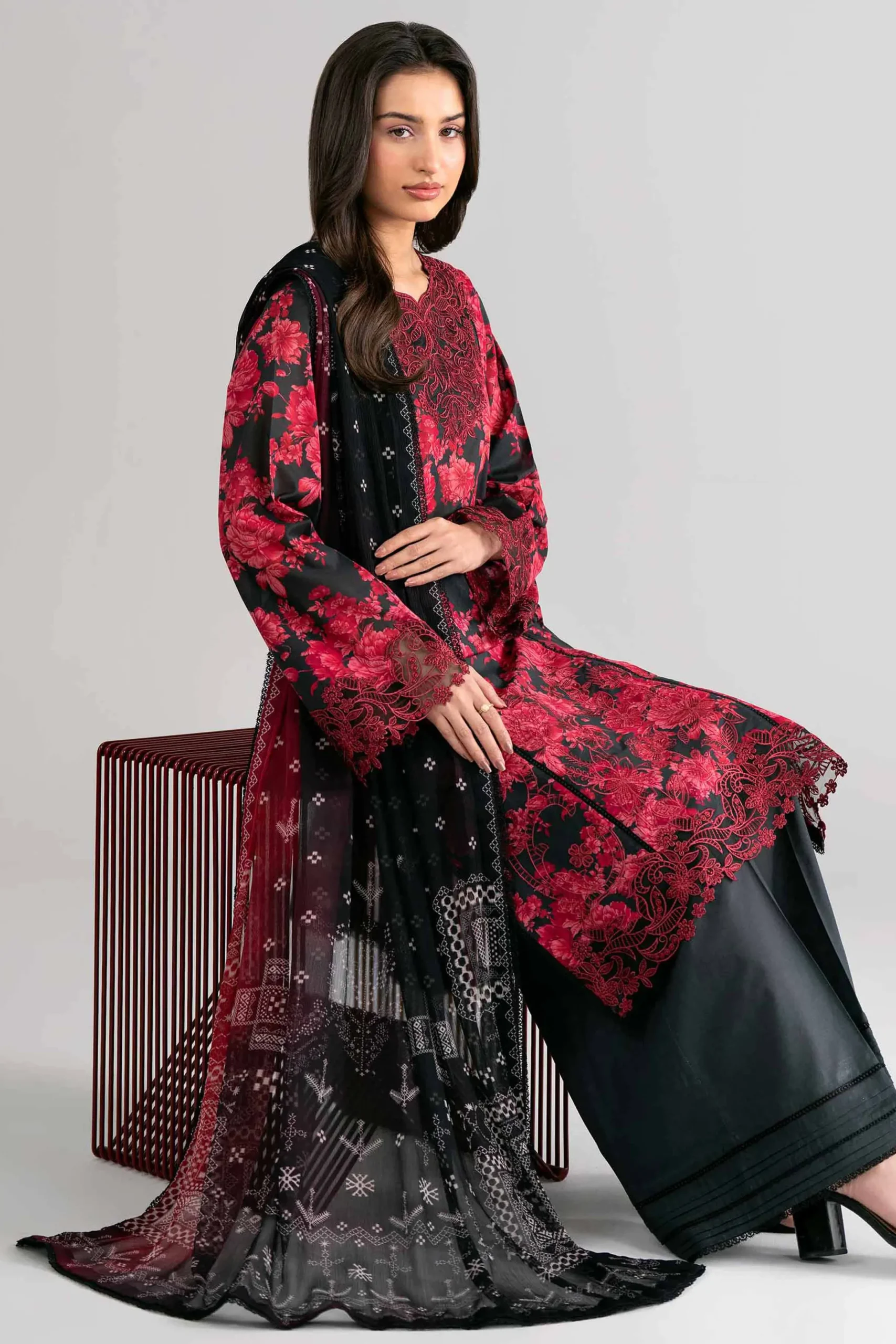 3 Piece - Digital Printed Embroidered Suit - 42601749