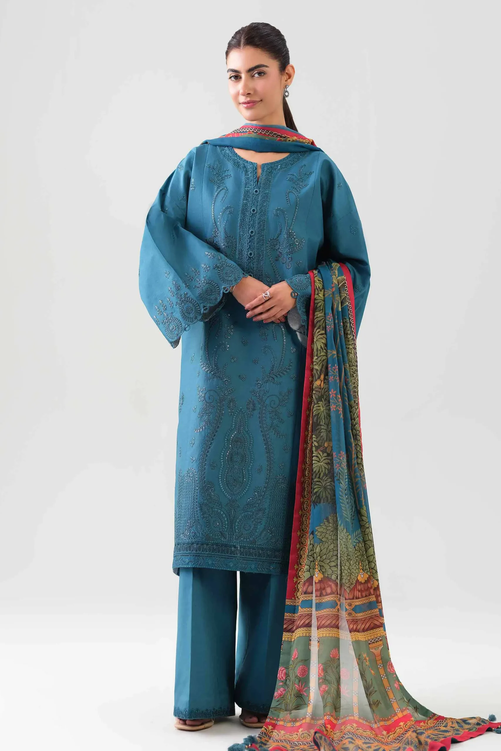 3 Piece - Digital Printed Embroidered Suit - 42601073