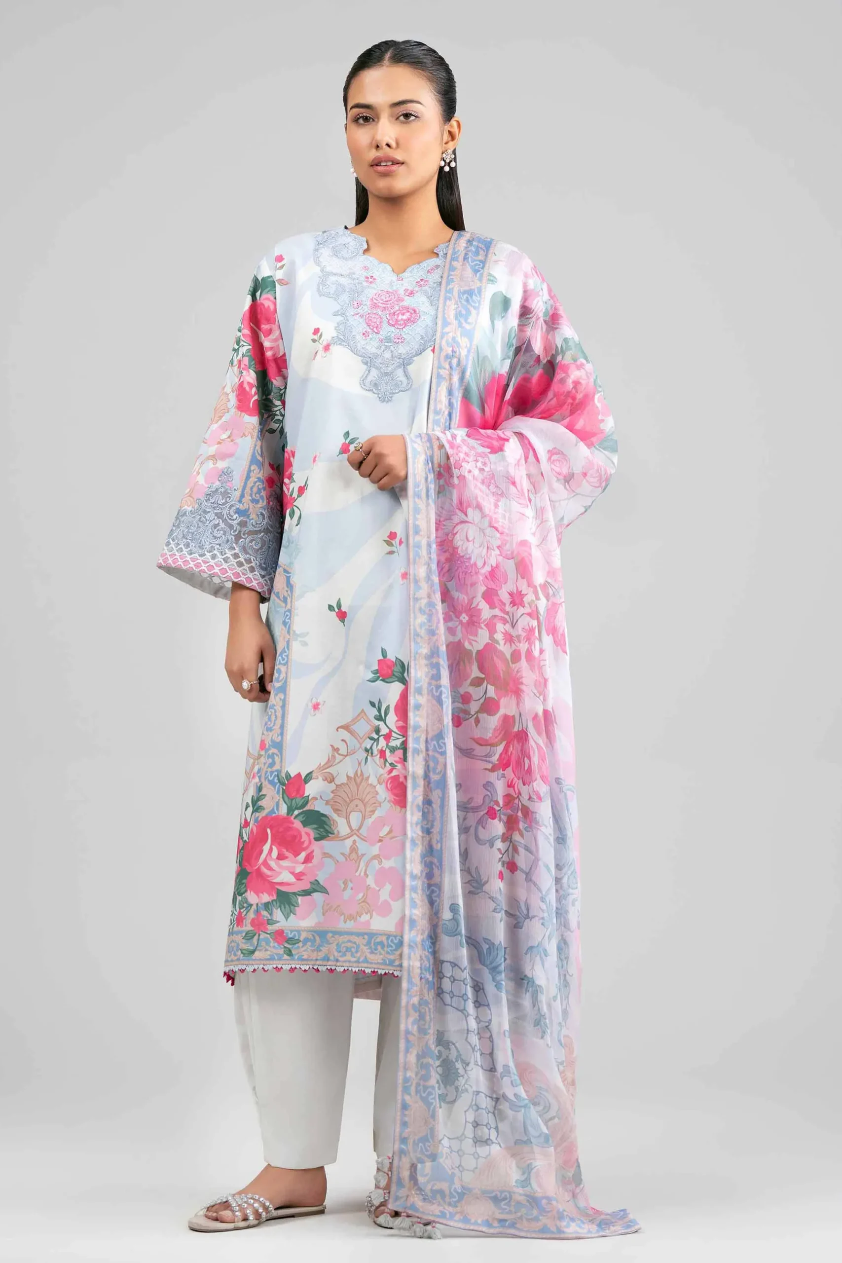 3 Piece - Digital Printed Embroidered Suit - 42601554