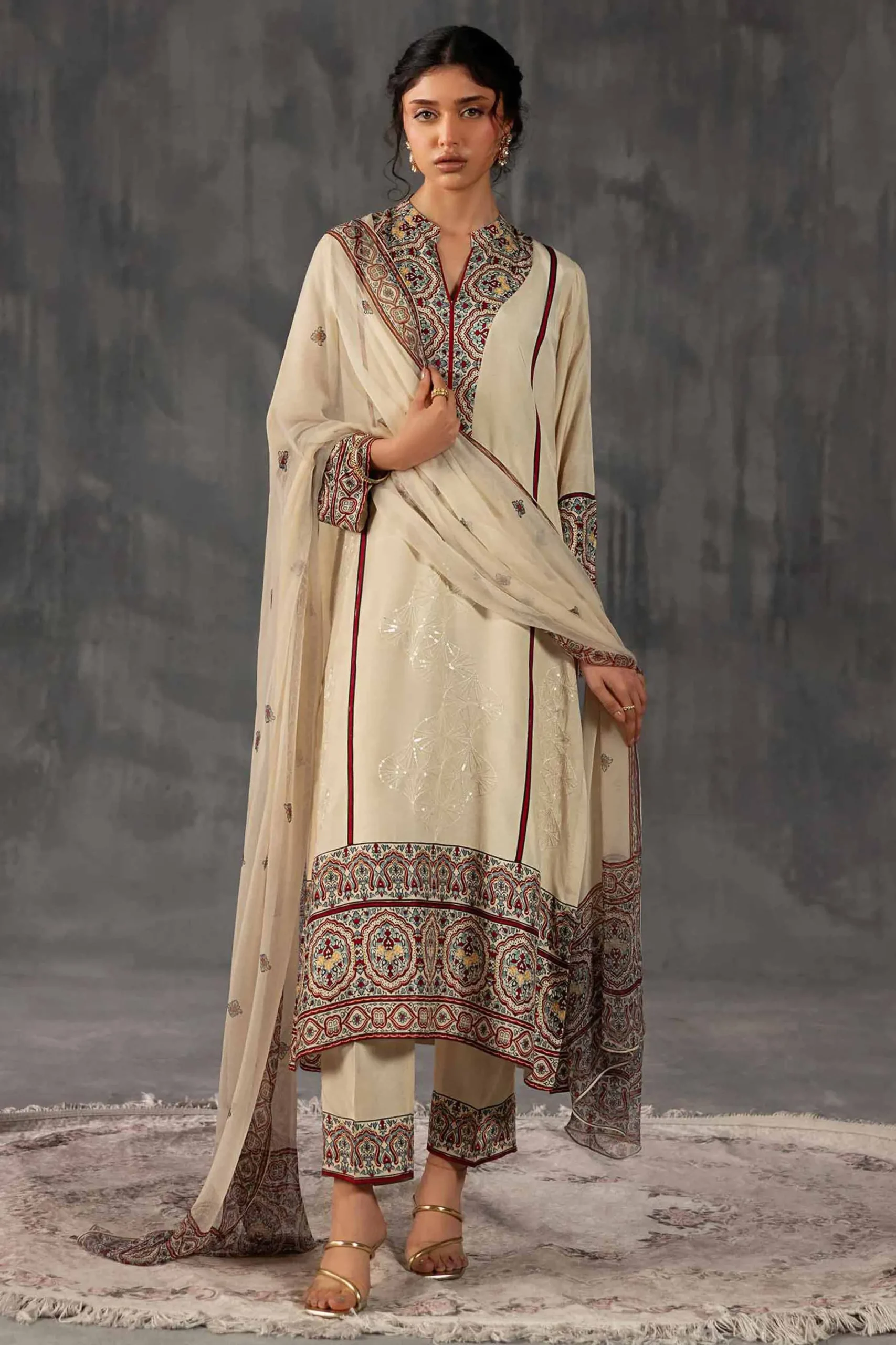 3 Piece - Printed Embroidered Suit - KFE26-109