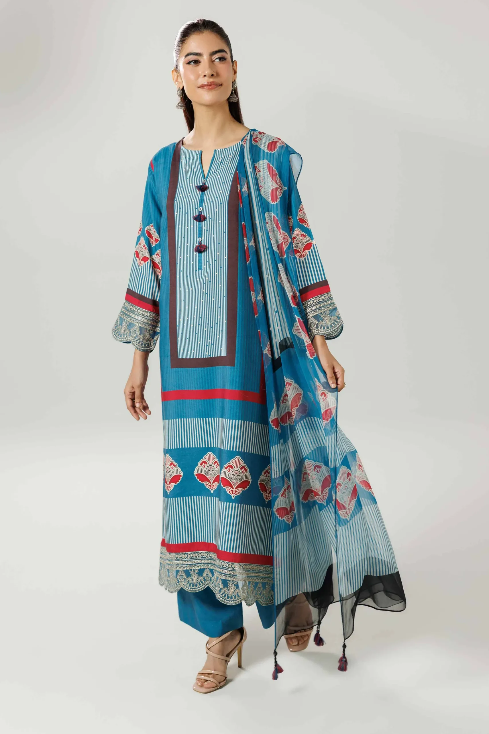 3 Piece - Printed Embroidered Suit - 42519593