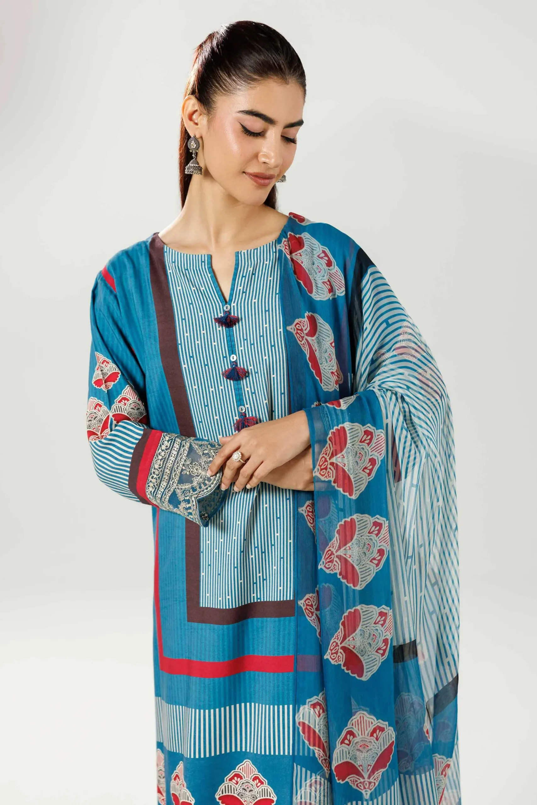 3 Piece - Printed Embroidered Suit - 42519593