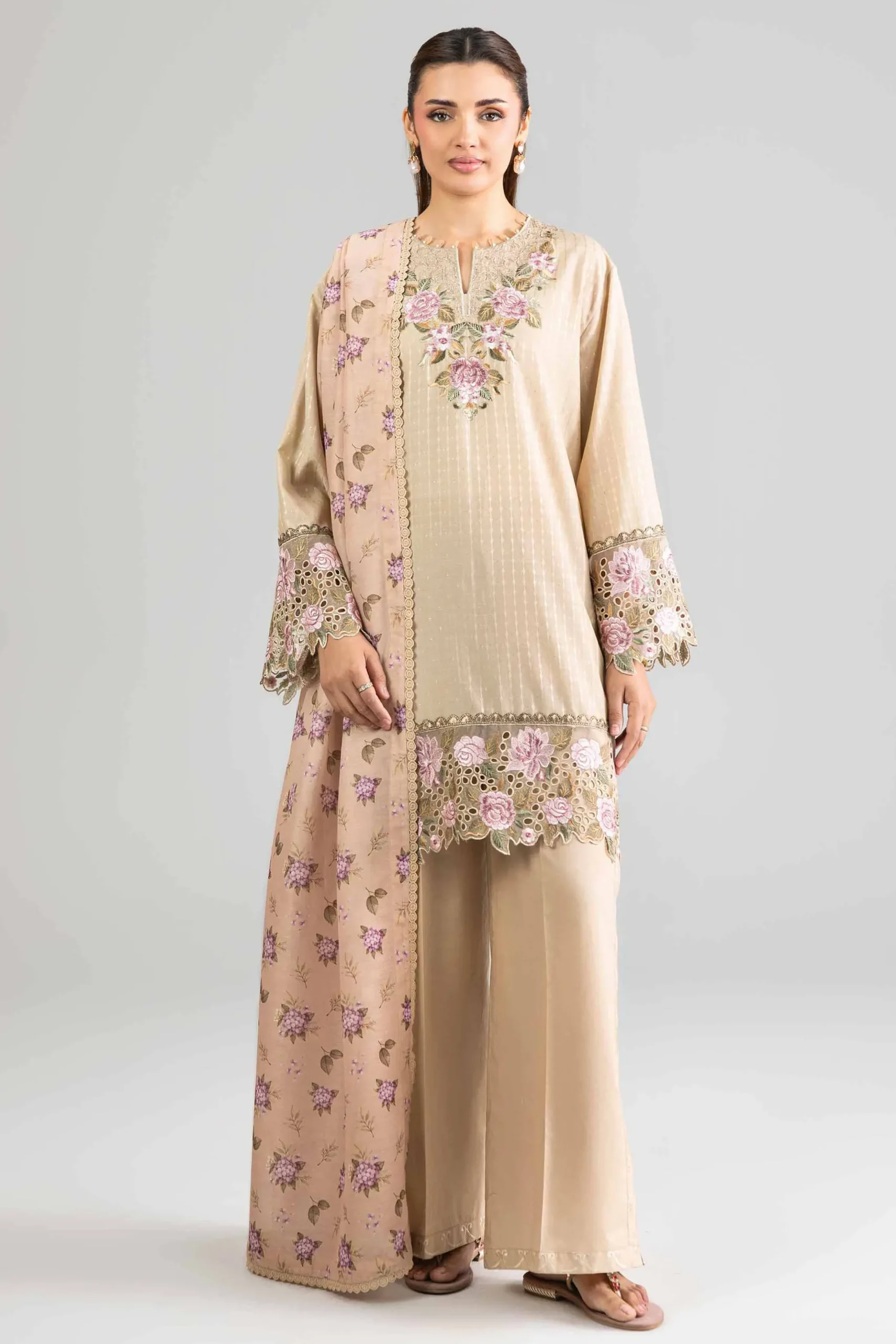 3 Piece - Printed Embroidered Suit - PE26-113