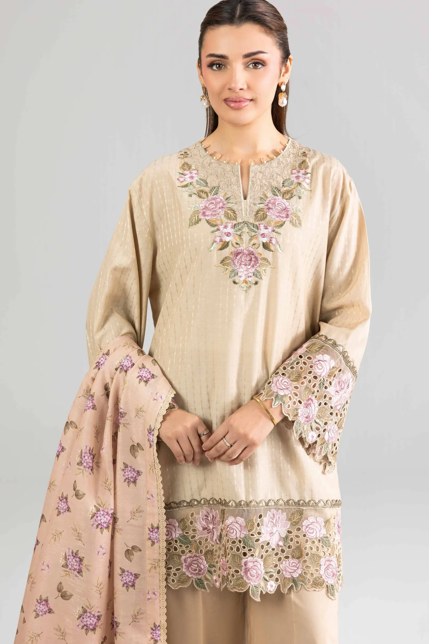 3 Piece - Printed Embroidered Suit - PE26-113