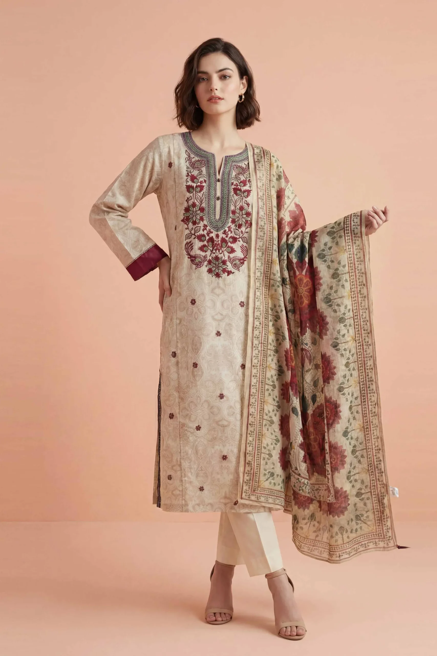3 Piece - Printed Embroidered Suit - PE26-331