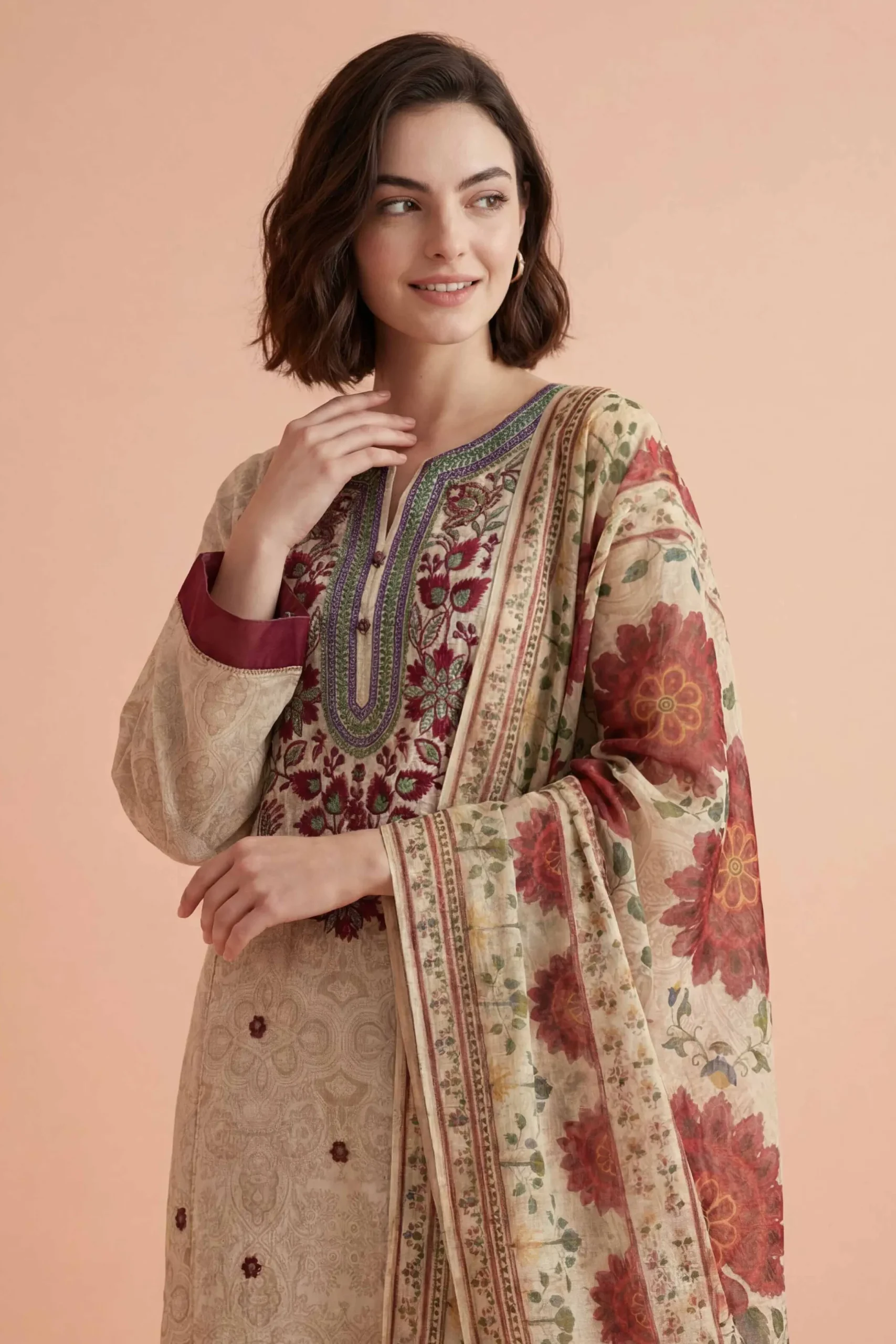 3 Piece - Printed Embroidered Suit - PE26-331