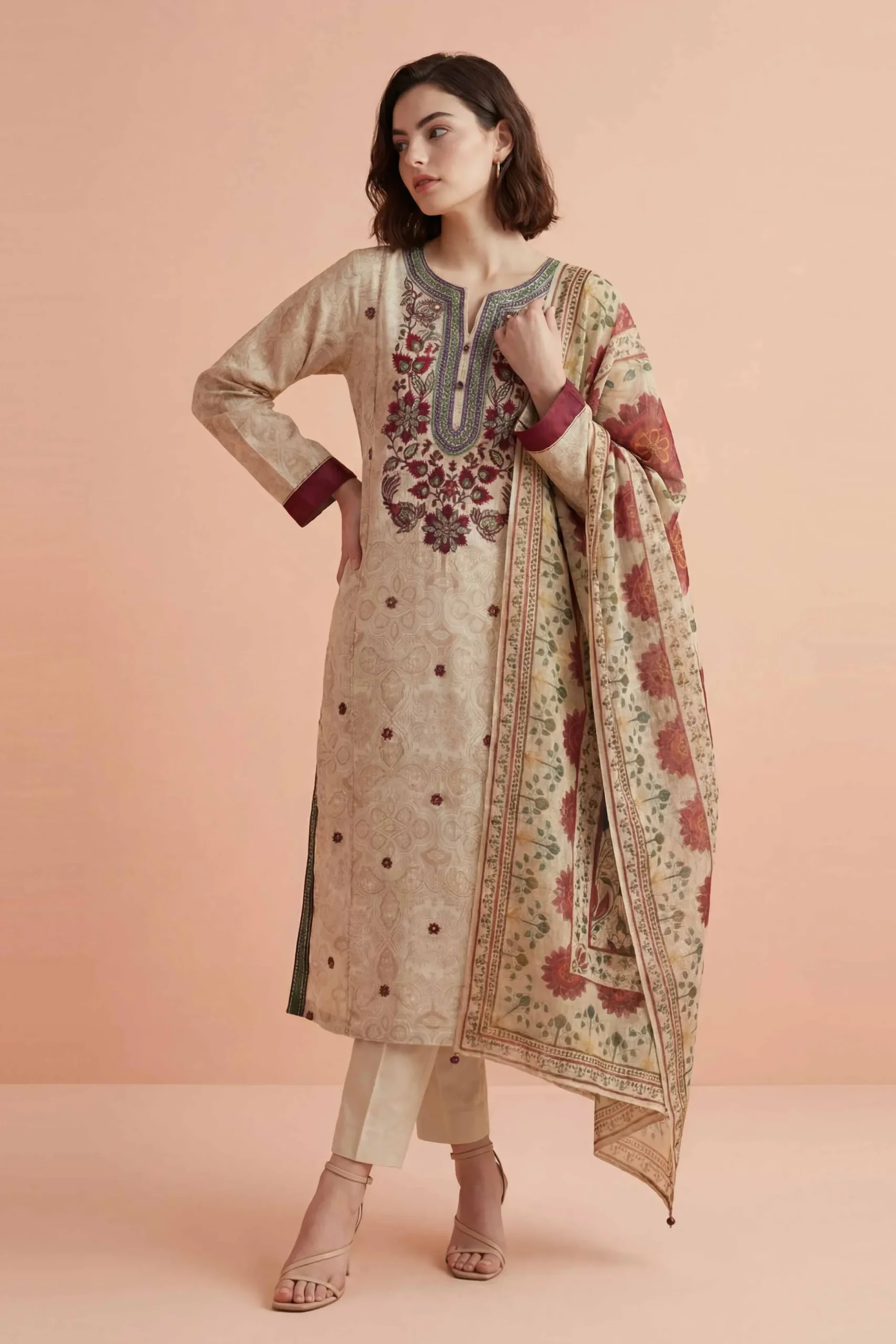 3 Piece - Printed Embroidered Suit - PE26-331
