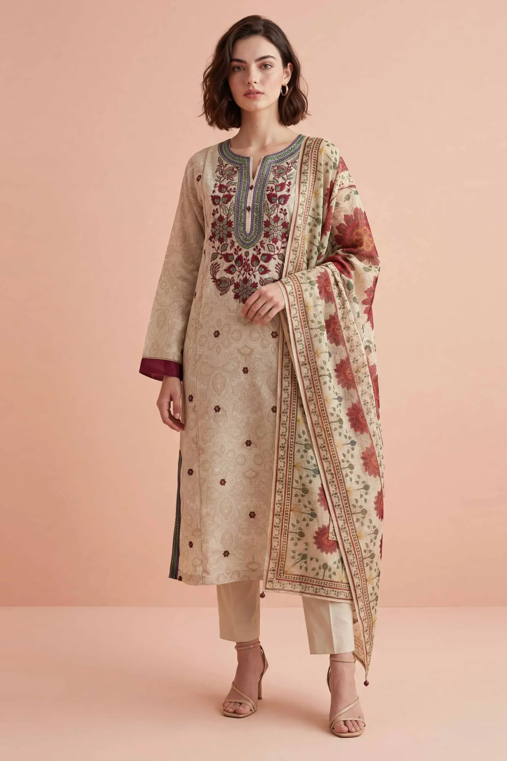 3 Piece - Printed Embroidered Suit - PE26-331