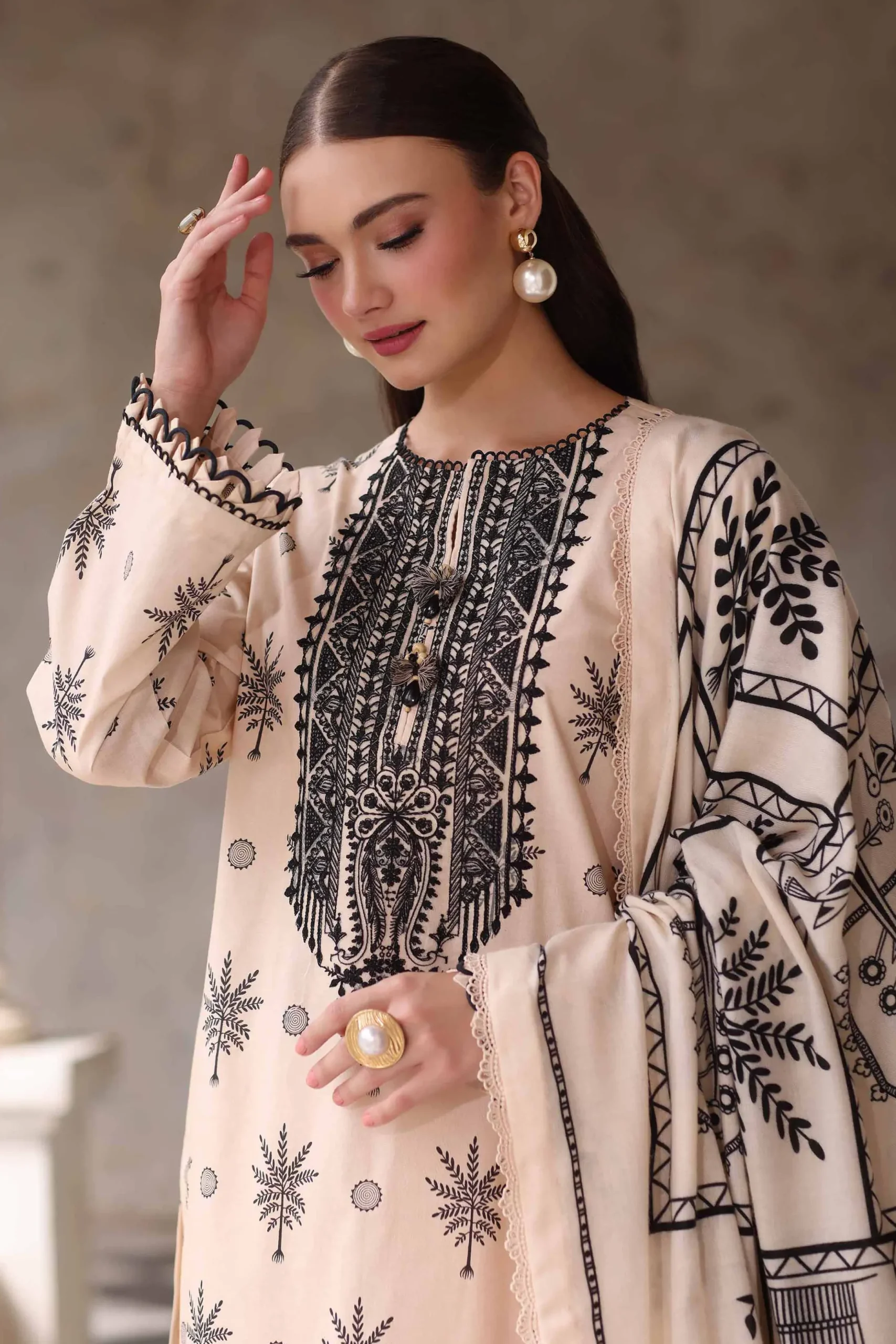 3 Piece - Printed Embroidered Suit - 42503724