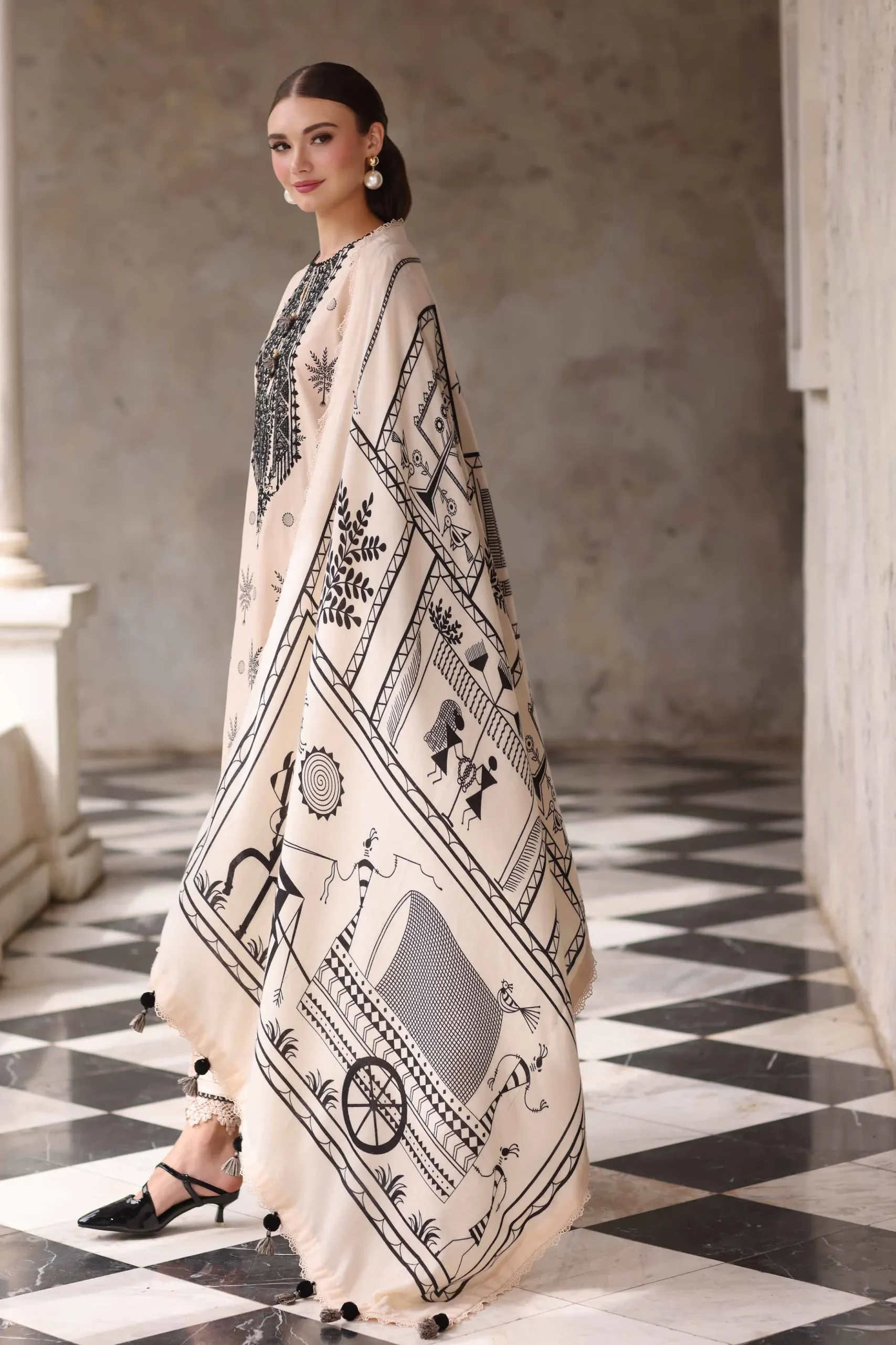 3 Piece - Printed Embroidered Suit - 42503724