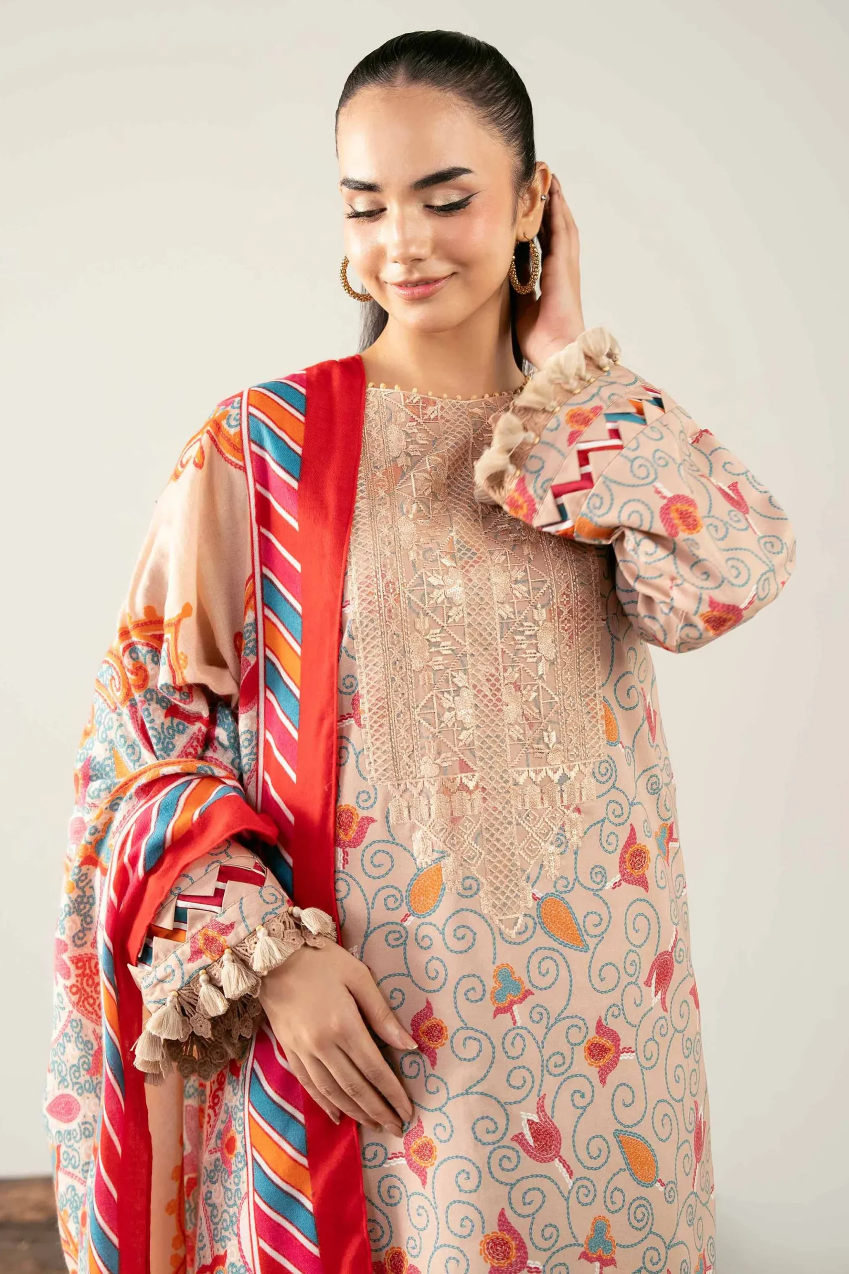 3 Piece - Printed Embroidered Suit - 42503726