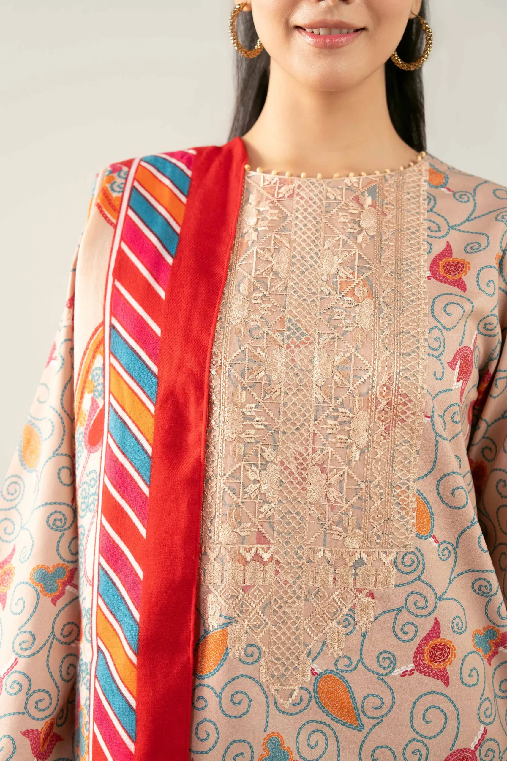 3 Piece - Printed Embroidered Suit - 42503726