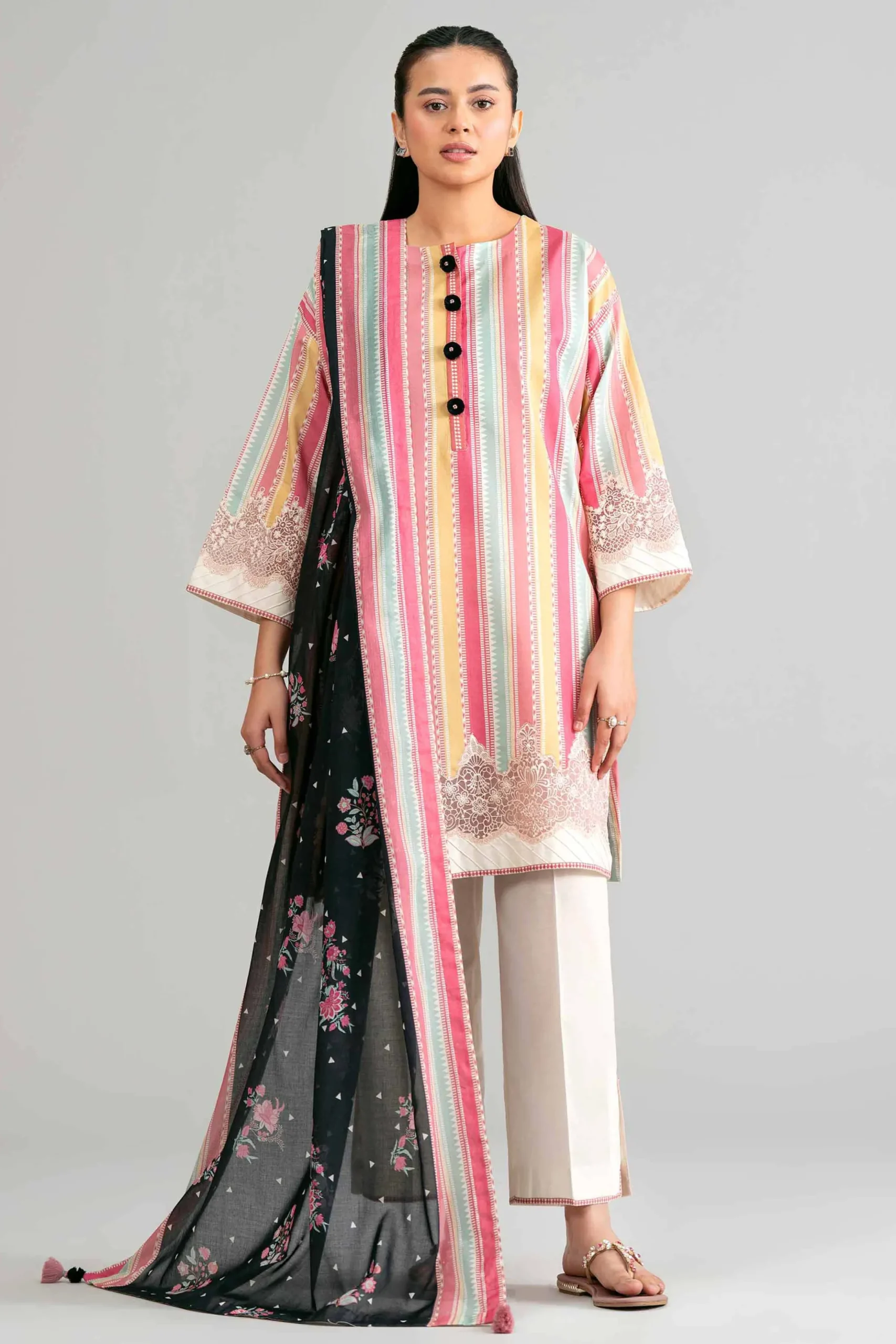 3 Piece - Printed Embroidered Suit - 42601855
