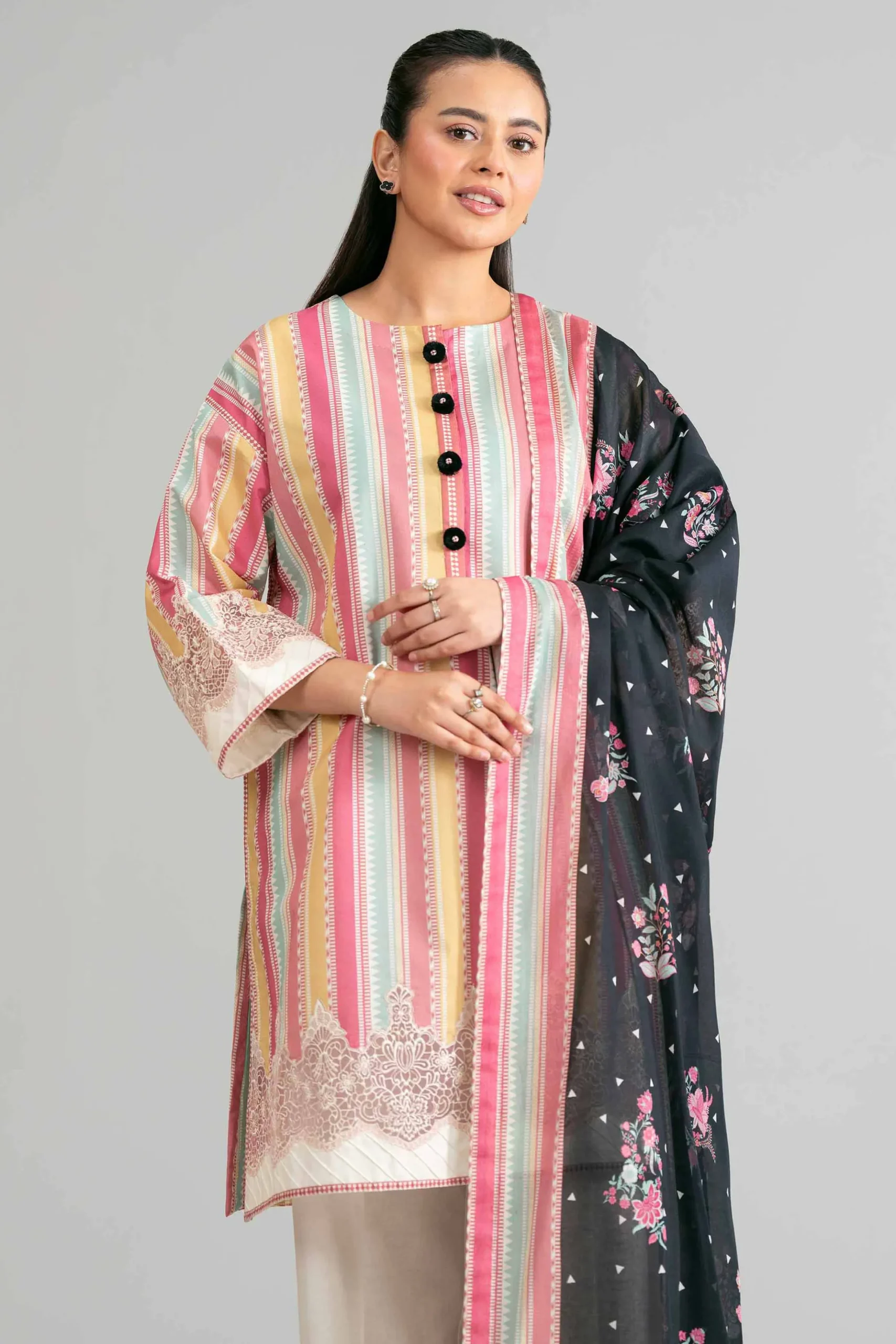 3 Piece - Printed Embroidered Suit - 42601855