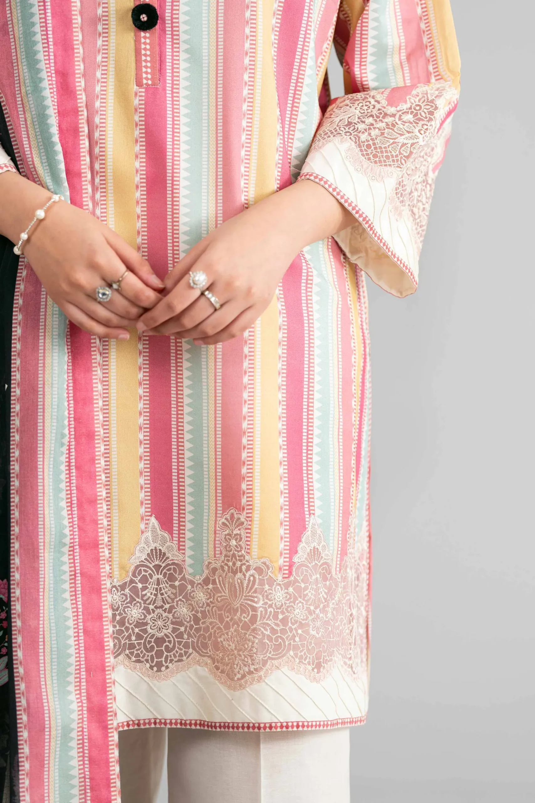 3 Piece - Printed Embroidered Suit - 42601855